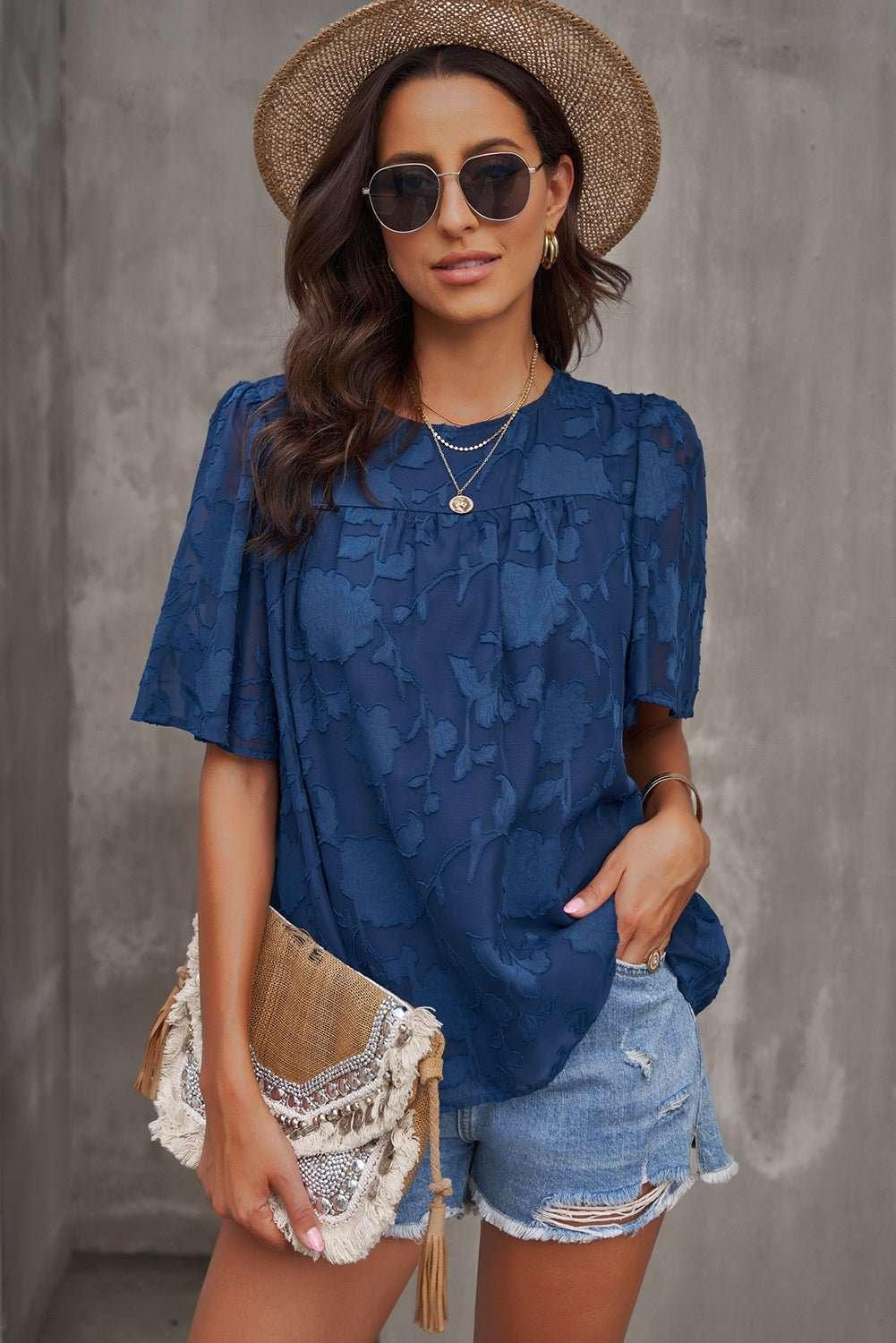 Round Neck Puff Sleeve Blouse - VILLA FASHION